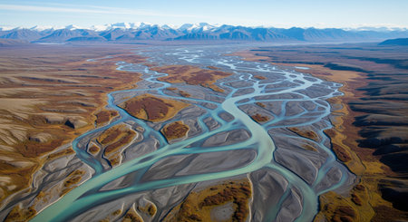 Vast braided glacial river with turquoise water winding through a barren tundra landscape. snow capped mountains rise in the distance under a clear blue sky, showcasing a pristine natural environment.の素材
