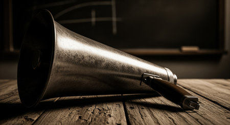 Vintage metal megaphone resting on a distressed wooden table. blurred chalkboard in the background, symbolizing communication, announcement, and education.の素材