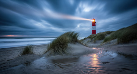 Red and white striped lighthouse on a windswept sandy dune, its beam cutting through a dramatic stormy twilight sky. long exposure captures the smooth motion of ocean waves and reflections on wet sand.の素材