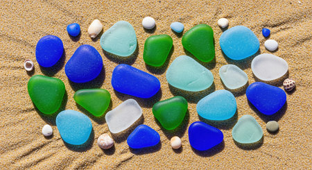 Smooth, colorful sea glass pieces in shades of blue, green, and white, arranged with small seashells on textured golden beach sand.の素材