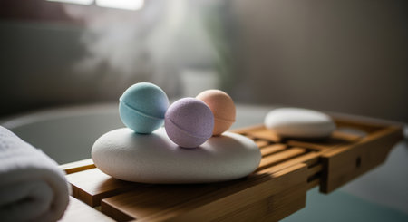 Three pastel bath bombs, light blue, lavender, and peach, rest on a white stone on a wooden bath caddy. steam rises from the hot water in the bathtub, creating a relaxing spa atmosphere for self care and wellness.の素材