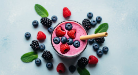 Pink berry smoothie in a glass, topped with fresh raspberries and blueberries, surrounded by scattered blackberries and mint leaves on a light blue background. healthy, refreshing, and natural drink.の素材