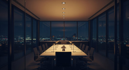 Empty modern conference room at night, featuring a long table, chairs, and large windows overlooking a city skyline with illuminated buildings.の素材