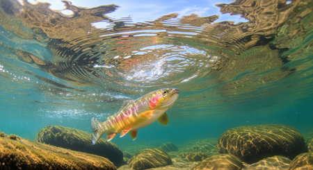 Vibrant rainbow trout swimming gracefully in crystal clear shallow river water, with sunlight reflecting on the surface and rocks visible on the riverbed.の素材