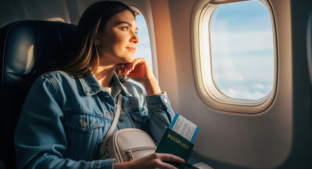 Young woman seated by an airplane window, holding a passport and boarding pass, looking out at the sky. represents travel, journey, vacation, and adventure.の素材