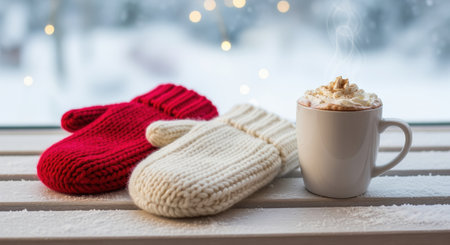 Red and white knitted mittens lie beside a steaming mug of hot chocolate with whipped cream, set on a snow dusted window ledge against a blurred winter background with bokeh lights.の素材