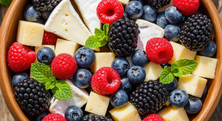 Vibrant assortment of fresh raspberries, blueberries, blackberries, and various cheeses with mint leaves in a rustic wooden bowl, perfect for a gourmet snack or appetizer.の素材