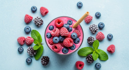 Pink berry smoothie in a glass, garnished with fresh raspberries, blueberries, and mint leaves, surrounded by scattered frozen berries on a light blue surface. healthy, refreshing drink.の素材