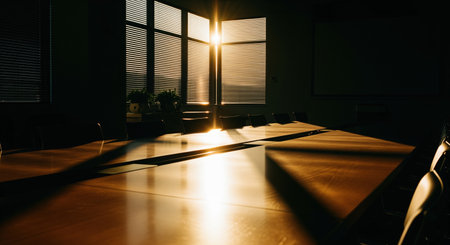 Empty corporate boardroom featuring a large conference table and chairs, illuminated by golden sunlight streaming through window blinds, casting long, dramatic shadows. symbolizes business, strategy, and corporate environment.の素材