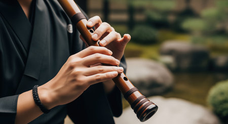 Close up of a man hands holding and playing a traditional japanese shakuhachi flute, showcasing cultural music and artistry in a tranquil setting.の素材