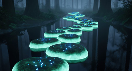 Luminescent jade stepping stones form a mystical pathway, glowing with blue light, over a reflective surface in a dark, misty forest. ethereal and serene scene.の素材