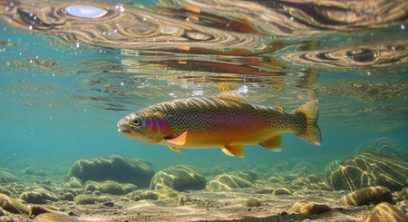 Rainbow trout swimming gracefully in crystal clear river water, illuminated by sunlight filtering through the surface, with a rocky and sandy bottom visible below.の素材