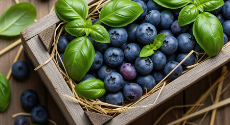 Fresh ripe blueberries and vibrant green basil leaves are arranged in a rustic wooden crate with straw, viewed from above. healthy, organic, and natural food concept.の素材