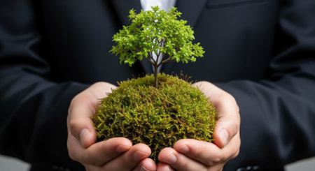 Businessman hands gently cradle a miniature green tree growing from a lush mossy mound, symbolizing environmental protection, growth, and sustainable business practices.の素材