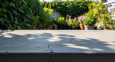 Weathered concrete table surface with cracks, bathed in morning sunlight and dappled leaf shadows. blurred green foliage and potted plants create a natural outdoor background, ideal for product display.の素材