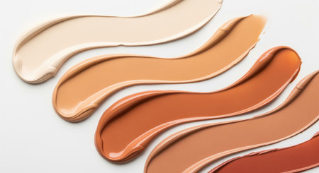 Cosmetic foundation swatches in a range of skin tones, from light to dark, on a clean white background, representing diversity and inclusivity.の素材