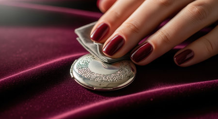 Woman hand with dark red polished nails gently cleans a vintage silver locket with a soft cloth, resting on luxurious dark velvet fabric.の素材