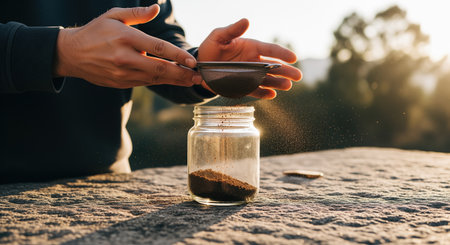 Man hands sifting ground coffee through a small sieve into a clear glass jar on a rock surface, illuminated by warm golden sunlight outdoors.の素材