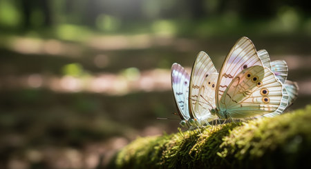 Three soft pastel colored butterflies with intricate wing patterns gently resting on vibrant green moss. dappled sunlight illuminates the delicate insects in a natural forest setting.の素材