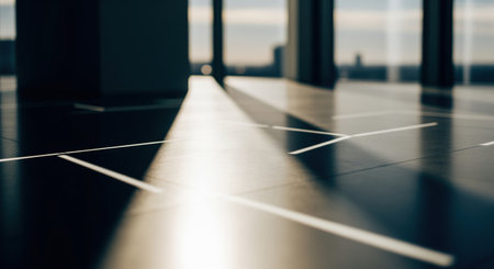 Abstract light and shadow patterns on a sleek, dark modern office floor, highlighting minimalist architecture and clean lines. bright sunlight creates a striking contrast, emphasizing depth and perspective in a contemporary interior space.の素材