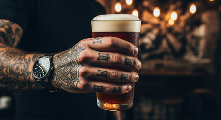 Man tattooed hand holding a frosted pint glass of amber craft beer with a foamy head. blurred warm lights create a cozy bar atmosphere, depicting a relaxed evening.の素材