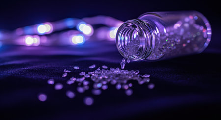 Clear glass bottle spilling sparkling crystals onto a dark, reflective surface with vibrant purple and blue bokeh lights in the background, creating a magical and mysterious atmosphere.の素材