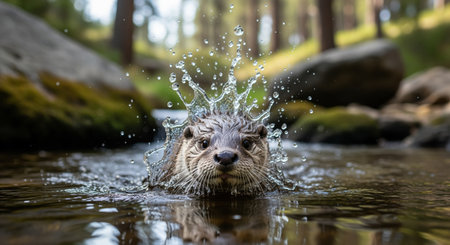 Young otter emerging from a clear stream, creating a dynamic splash of water. wild animal in its natural habitat, showcasing playful energy and motion.の素材
