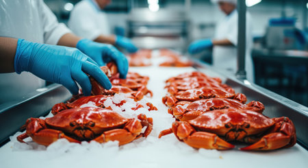 Freshly caught red crabs on ice being meticulously arranged by workers in blue gloves on a conveyor belt in a modern seafood processing facility, ensuring quality and freshness.の素材