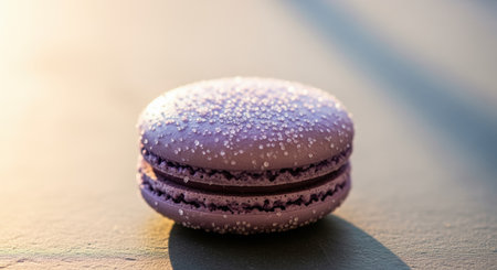 Perfectly formed lavender macaron dusted with sparkling sugar crystals, resting on a dark slate surface. elegant french pastry, sweet dessert, gourmet treat.の素材