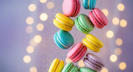 Colorful macarons in pastel shades falling with golden glitter, creating a sweet and festive dessert display with soft bokeh lights.の素材