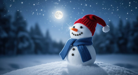 Smiling snowman wearing a red winter hat and blue scarf, standing on fresh snow under a bright full moon and sparkling stars in a magical winter night scene.の素材