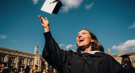 Jubilant female graduate in a black gown and mortarboard joyfully tossing her cap high into the blue sky on a sunny university campus, celebrating academic achievement and success.の素材