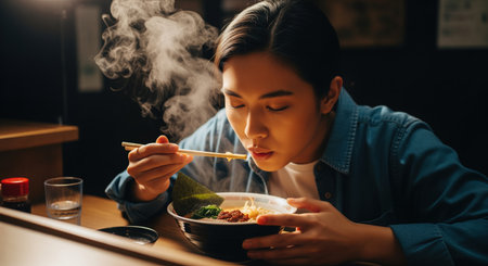 Young asian woman savoring a bowl of hot, steaming ramen noodles with chopsticks in a dimly lit, cozy restaurant setting. authentic culinary experience.の素材
