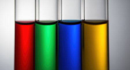 Four glass test tubes filled with vibrant red, green, blue, and yellow chemical solutions, symbolizing scientific research, laboratory experiments, and discovery.の素材