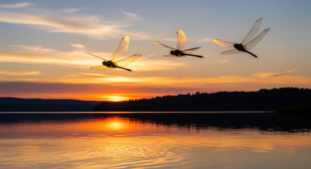 Three giant dragonflies hover gracefully over a calm lake, silhouetted against a vibrant golden sunset sky. the tranquil scene reflects the warm light, creating a serene natural landscape.の素材