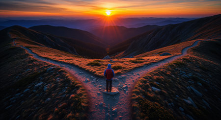 Lone hiker standing at a significant fork in a winding mountain trail, surrounded by a dramatic sunset landscape with fiery orange and red skies, symbolizing choice and journey.の素材
