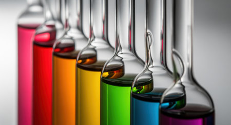 Glass ampoules filled with a spectrum of vibrant, rainbow colored liquid solutions, symbolizing scientific research, pharmacy, and chemical analysis.の素材