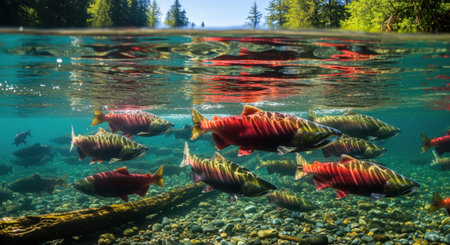 Vibrant sockeye salmon school migrates upstream in a clear river. the split level view captures the underwater scene with colorful fish and rocky riverbed, alongside the sunlit forest and sky above the water surface.の素材