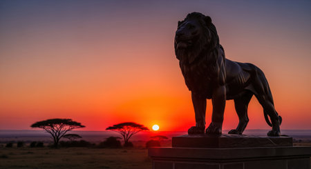 Majestic lion statue stands proudly in silhouette against a breathtaking african sunset, with iconic acacia trees dotting the vast savanna landscape.の素材