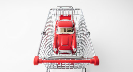 Miniature classic red sports car model placed inside a shiny silver shopping cart, symbolizing car purchase, retail, and consumerism.の素材