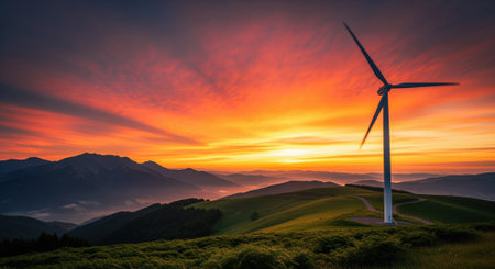 Modern wind turbine on a verdant hill, harnessing clean energy against a vibrant orange and red sunset sky with distant mountains and mist.の素材