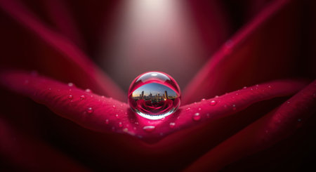 Spherical water droplet on a vibrant red rose petal, reflecting a miniature city skyline. tiny dew drops glisten on the petal surface, illuminated by a soft light.の素材