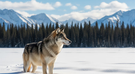 Majestic lone wolf stands alert in a vast, pristine snow covered field. dense evergreen trees and snow capped mountains create a wild, serene winter landscape under a clear sky.の素材