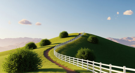 Green hill with a winding dirt path and a white fence curving along its crest. lush bushes dot the landscape under a clear blue sky, with distant mountains.の素材