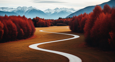 Winding path through a field of golden grass, flanked by vibrant red autumn trees, leading towards majestic snow capped mountains under a cloudy sky.の素材