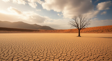 Single bare tree standing alone in a vast, cracked desert landscape under a dramatic sky. symbolizes drought, climate change, and resilience in an arid environment.の素材