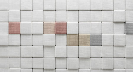 Textured fabric wall panel featuring a grid of white, pink, beige, and grey rectangular blocks, creating a modern and minimalist surface.の素材
