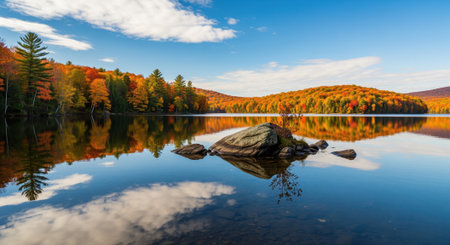 Calm lake perfectly reflecting a colorful forest of autumn trees under a bright blue sky with scattered clouds, featuring a small rocky island in the foreground.の素材