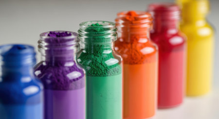 Small glass bottles filled with vibrant pigment powders in a colorful array, showcasing a spectrum of hues. ideal for art, chemistry, and creative concepts.の素材