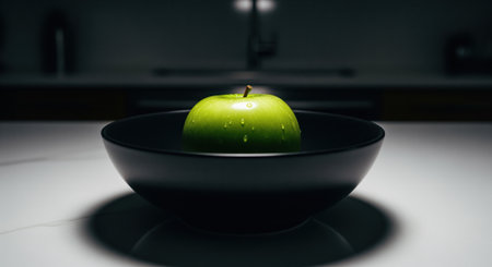 Fresh green apple with water droplets in a black ceramic bowl on a white marble kitchen counter, emphasizing healthy eating and minimalist design.の素材
